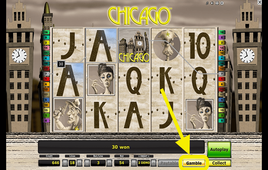 Novomatic Chicago Использование дополнительной функции «Азартная игра».