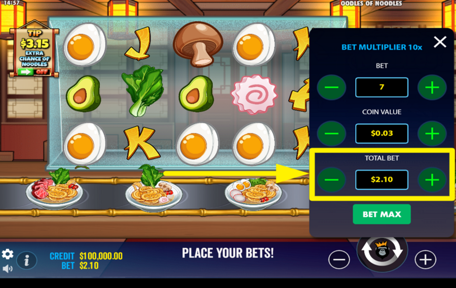 Oodles of Noodles Legen Sie den Gesamteinsatz fest.