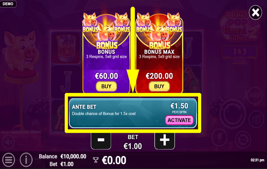Piggy Pop Grand Affair 2 SET ANTE BETS.