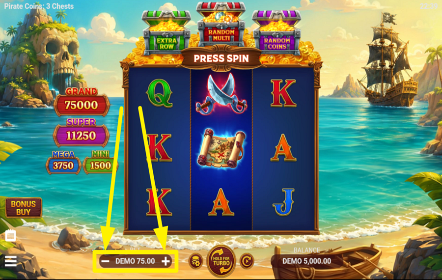 Pirate Coins 3 Chests ОПРЕДЕЛИТЕ ЗНАЧЕНИЕ СТАВКИ.