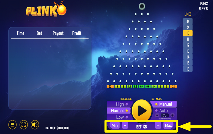 Platipus Gaming Plinko ASIGNAR UN VALOR DE APUESTA.