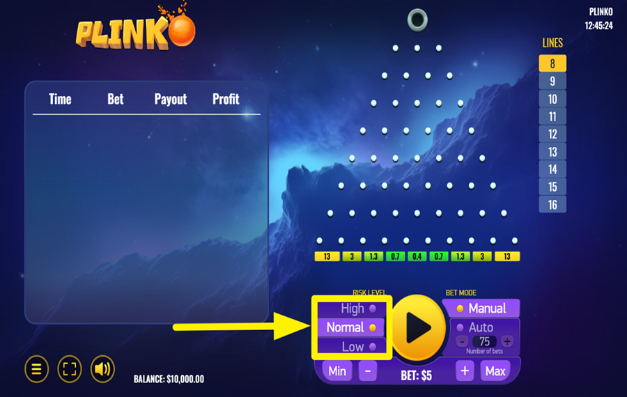 Platipus Gaming Plinko AJUSTAR EL NIVEL DE RIESGO.