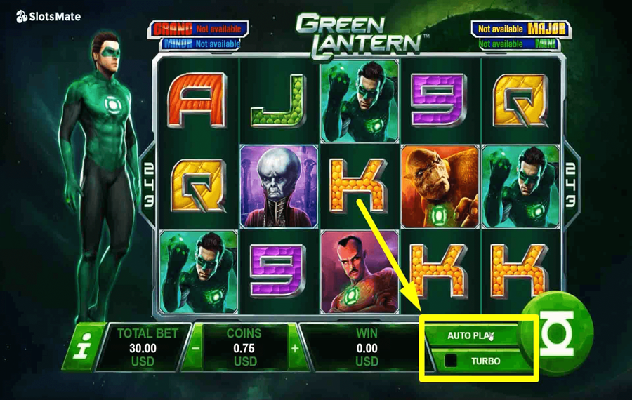 Playtech Green Lantern Using the optional “Autoplay” and “Turbo” feature.