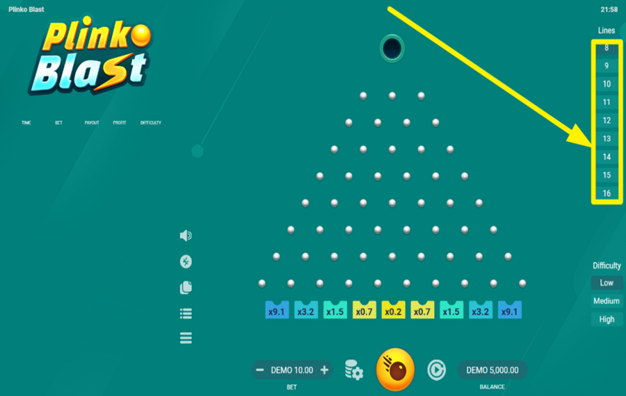 Plinko Blast PASSEN SIE DIE ANZAHL DER ZEILEN AN.