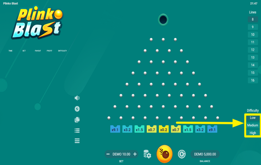 Plinko Blast FESTLEGEN SIE EINEN SCHWIERIGKEITSGRAD.