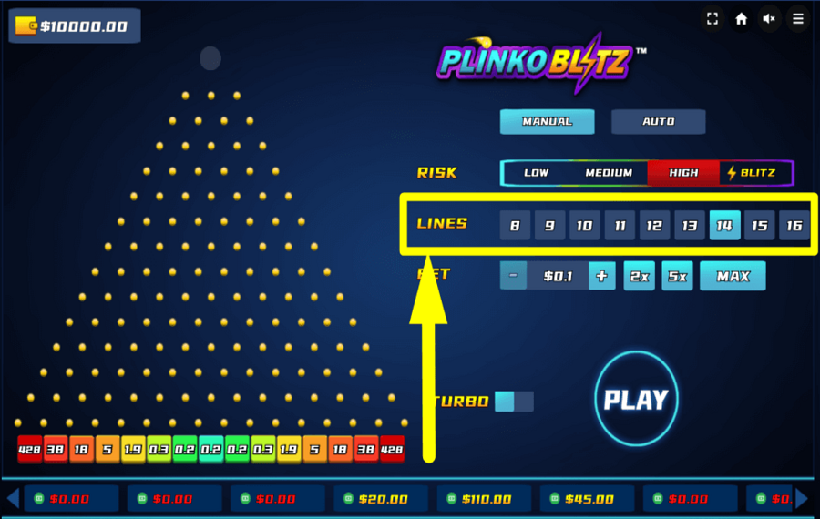 Plinko Blitz SCEGLI LINEE ATTIVE.