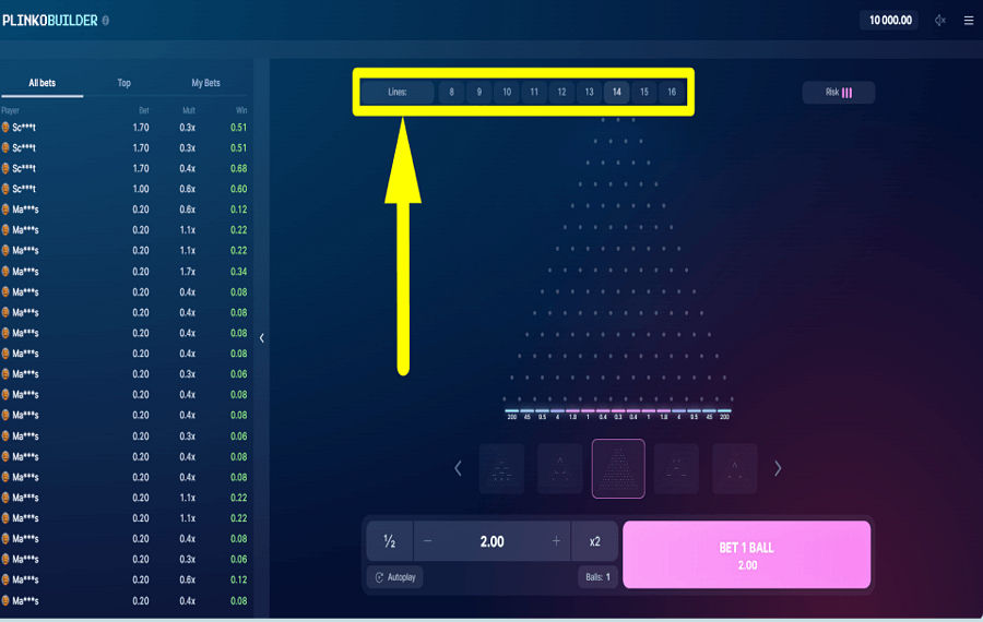 Plinko Builder AJUSTEZ LES LIGNES DE PAYLIST.