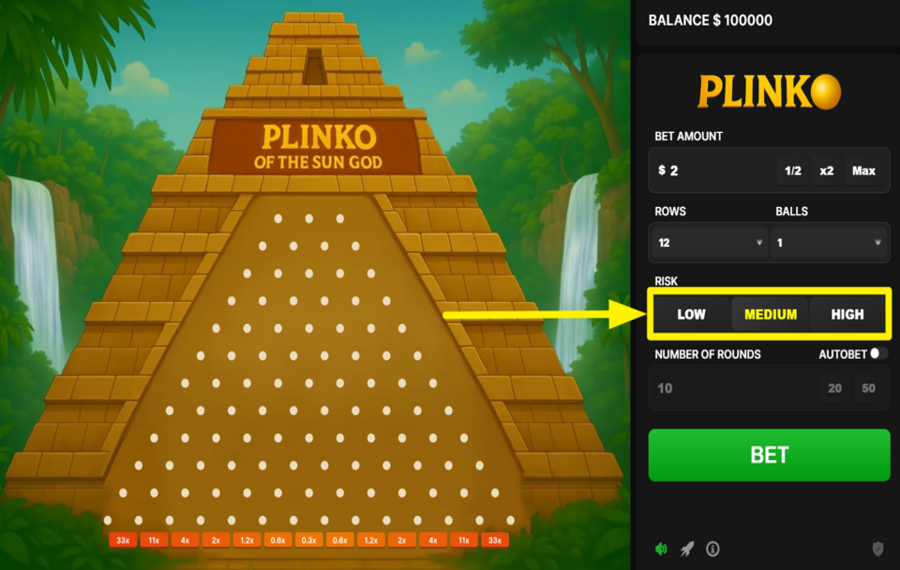 Plinko of the Sun God DÉFINISSEZ VOTRE NIVEAU DE RISQUE.