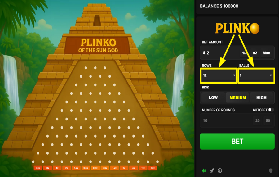 Plinko of the Sun God AJUSTER LES LIGNES ET LE NOMBRE DE BALLES.
