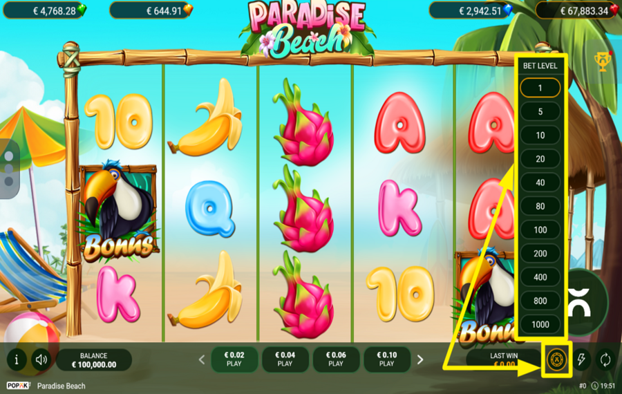 PopOK Gaming Paradise Beach CHOISISSEZ UN NIVEAU DE PARI.