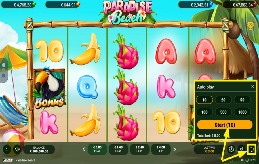 PopOK Gaming Paradise Beach UTILISEZ LA FONCTION DE LECTURE AUTOMATIQUE.