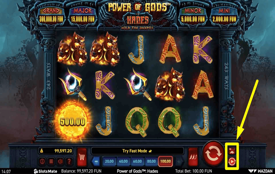 Power of Gods Hades Utilisation des fonctionnalités facultatives « Autoplay » et « Turbo ».