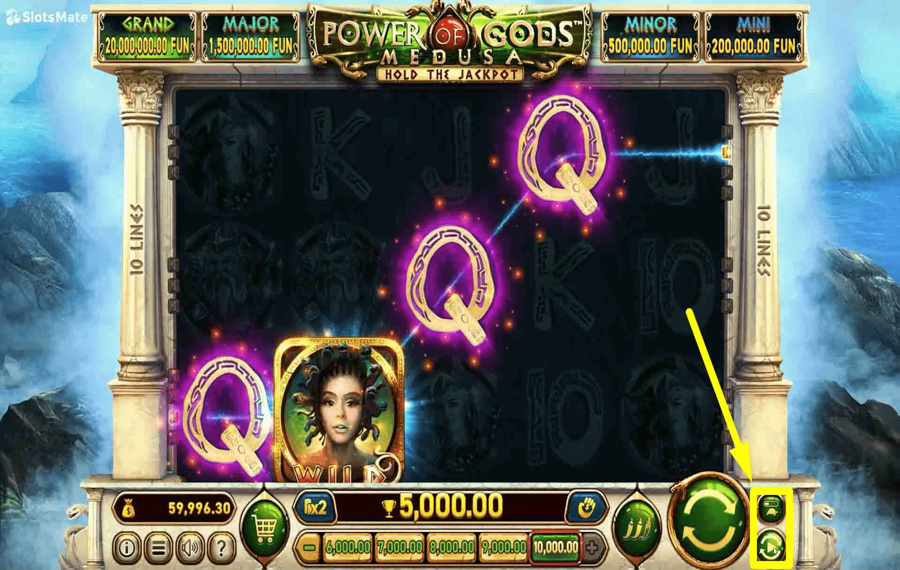 Power of Gods Medusa Utilisation des fonctionnalités facultatives « Autoplay » et « Turbo ».