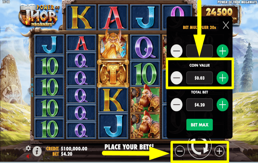 Power of Thor Megaways SET THE COIN VALUE.