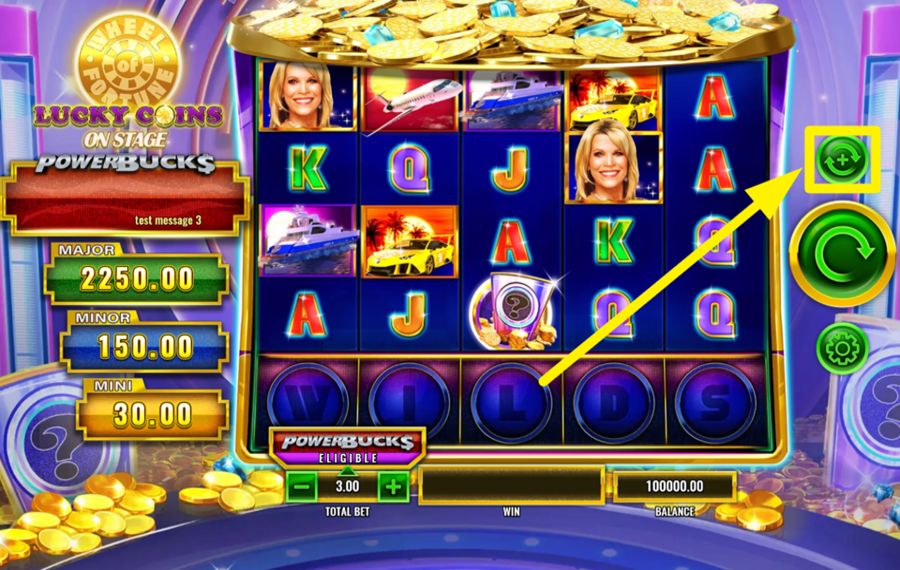 PowerBucks Wheel of Fortune Lucky Coins on Stage CHOISISSEZ LES TOURS AUTOMATIQUES.