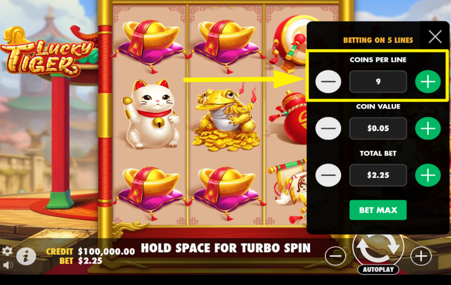 Pragmatic Play Lucky Tiger AJUSTA LAS MONEDAS POR LÍNEA.