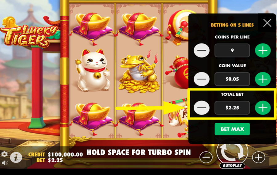 Pragmatic Play Lucky Tiger AJUSTAR EL IMPORTE TOTAL DE LA APUESTA.