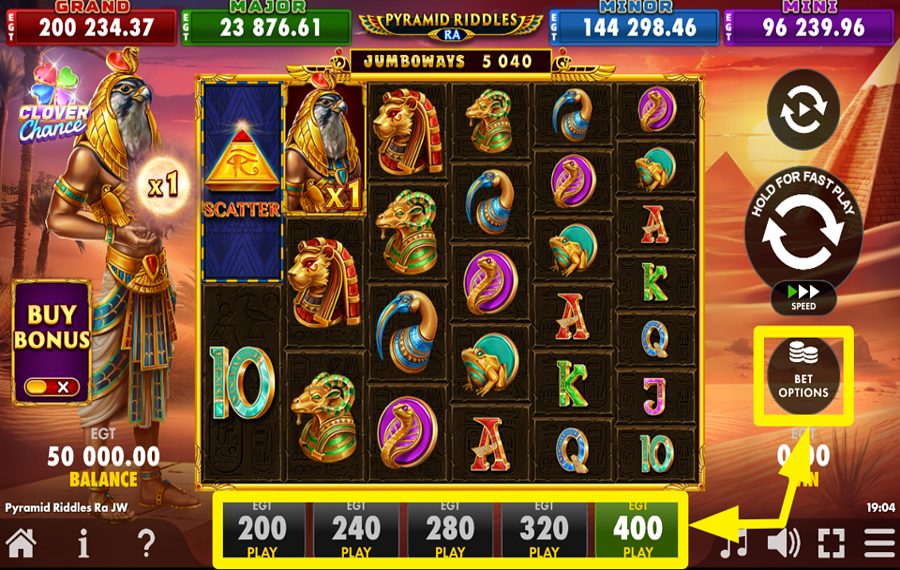 Pyramid Riddles Ra Jumboways Clover Chance DECIDE ON THE BET AMOUNT.