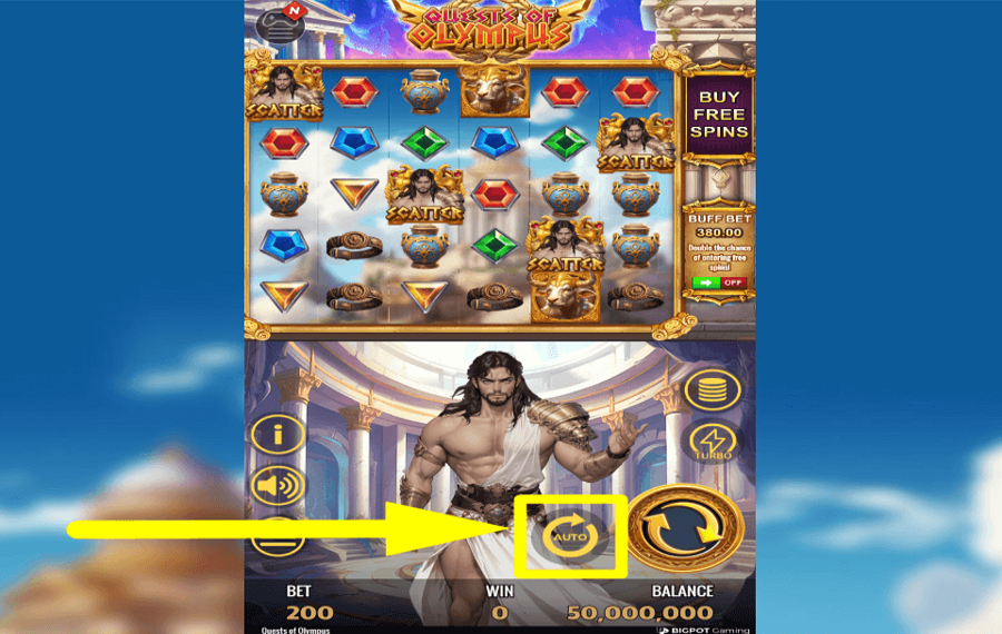 Quests of Olympus Win Streak DÉMARRER DES TOURS AUTOMATIQUES.