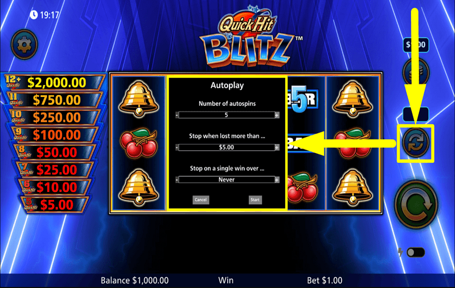 Quick Hit Blitz Blue SÉLECTIONNEZ LES TOURS AUTOMATIQUES.