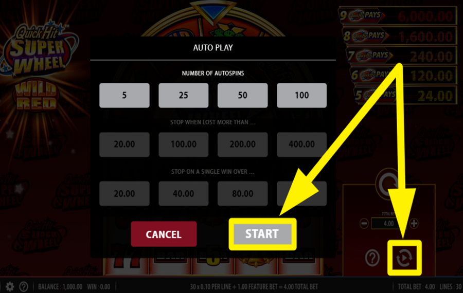 Quick Hit Super Wheel Wild Red DÉCLENCHEZ LA LECTURE AUTOMATIQUE.