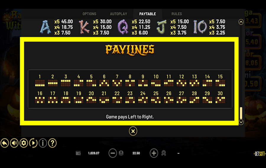 Rags to Witches Wählen Sie die Gewinnlinien.