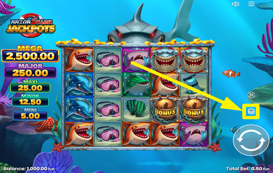 Razor Shark Jackpots SELECCIONE UN VALOR DE APUESTA.