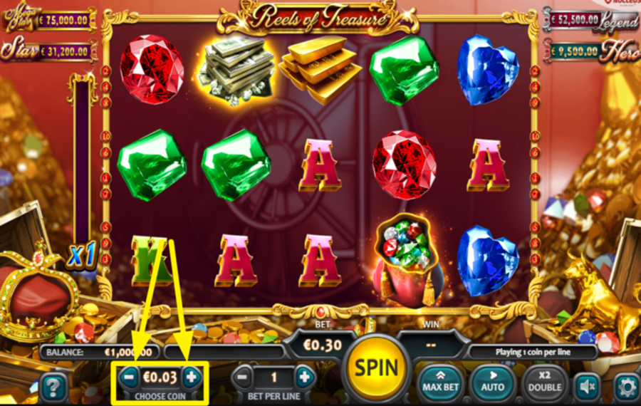 Reels of Treasure SELECT YOUR COIN SIZE.