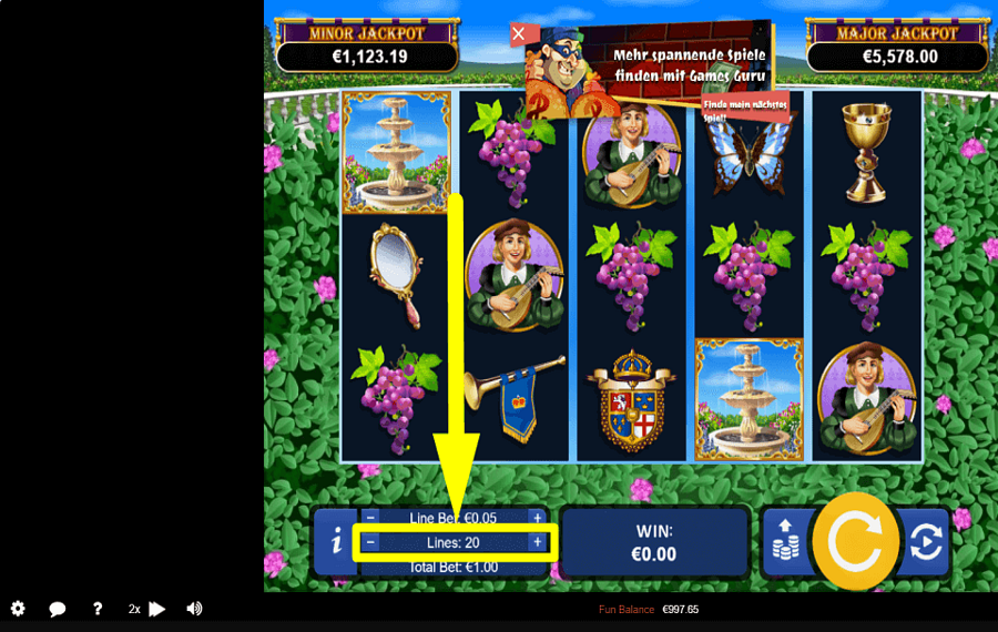 Regal Riches Legen Sie die Gewinnlinien fest.