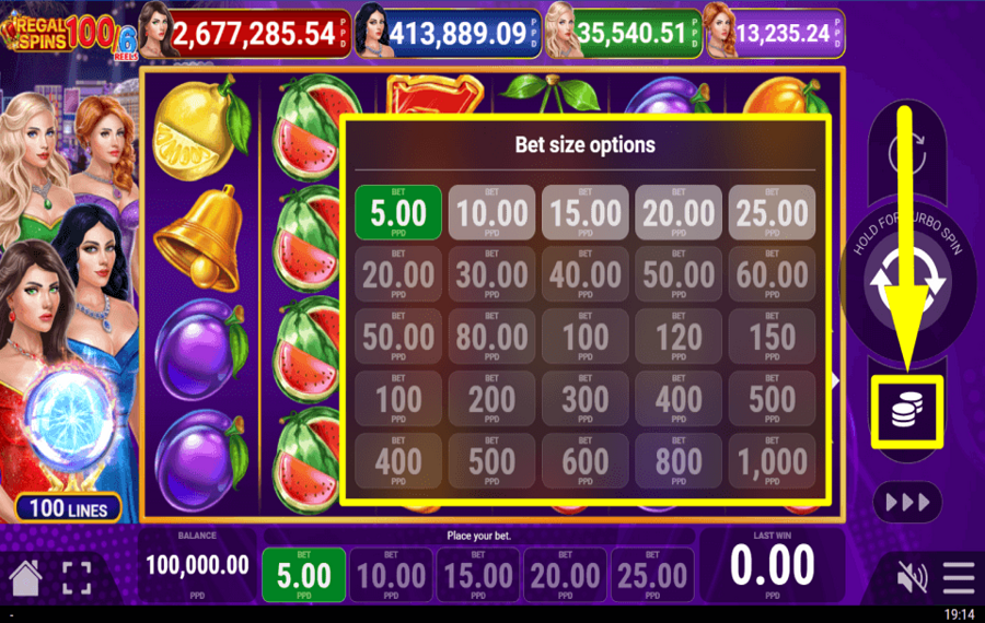 Regal Spins 100 6 Legen Sie Ihren Einsatz fest.