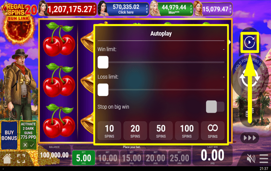 Regal Spins 20 Sun Link AUTOPLAY EINRICHTEN.