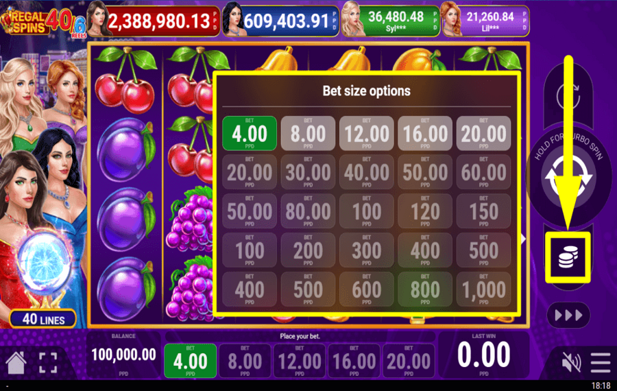 Regal Spins 40 6 WÄHLEN SIE DEN EINSATZ.