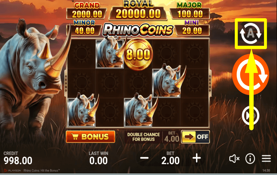 Rhino Coins Hit the Bonus ВРАЩЕНИЕ В АВТОМАТИЧЕСКОМ РЕЖИМЕ.