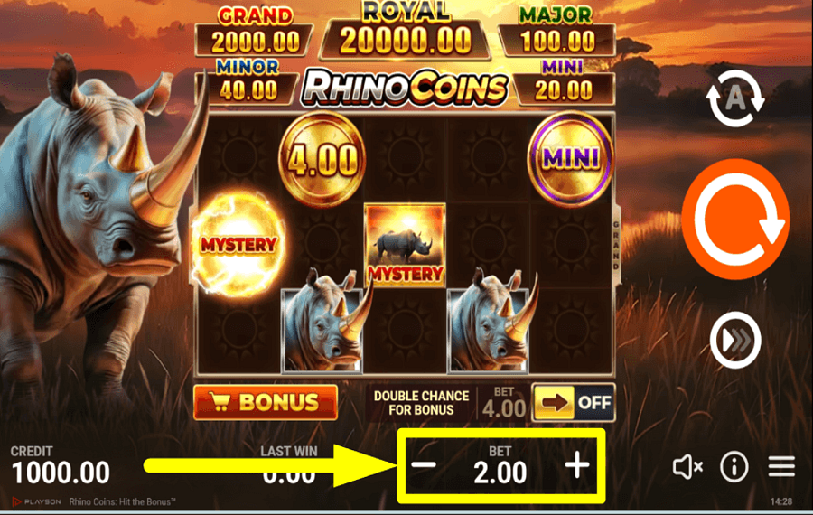 Rhino Coins Hit the Bonus ВЫБЕРИТЕ СТАВКУ.