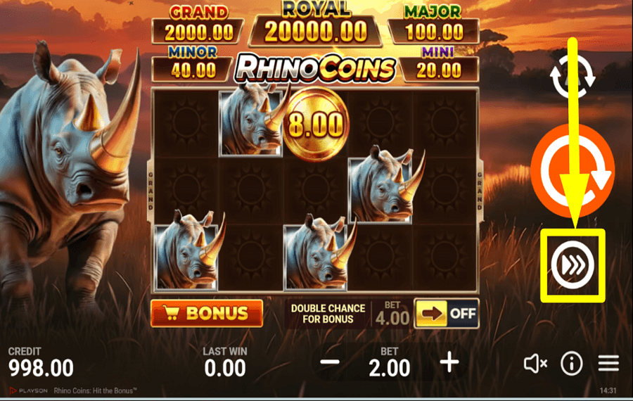Rhino Coins Hit the Bonus УСКОРЬТЕ ИГРУ.