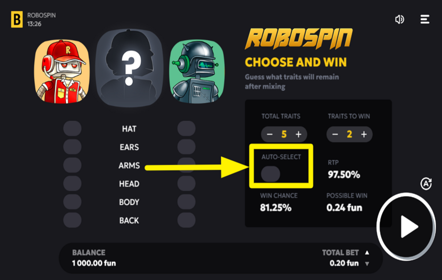 Robospin AUTO SELECT THE TRAITS.