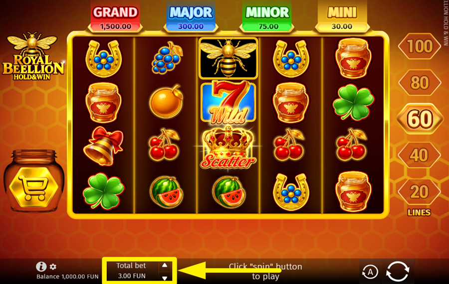 Royal Beellion Hold And Win MODIFICA L'IMPORTO DELLA TUA SCOMMESSA.