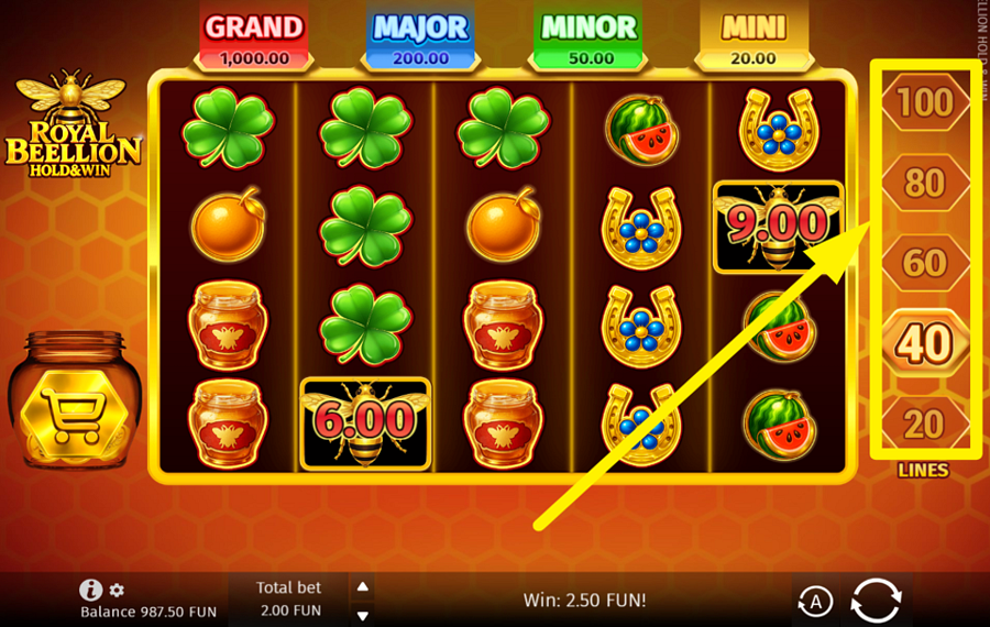 Royal Beellion Hold And Win IMPOSTA IL NUMERO DI LINEE DI PAGAMENTO ATTIVE.