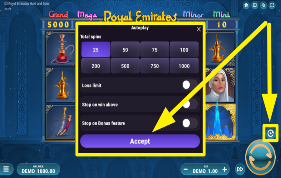 Royal Emirates Hold and Spin CHOOSE AUTOMATIC SPINS.