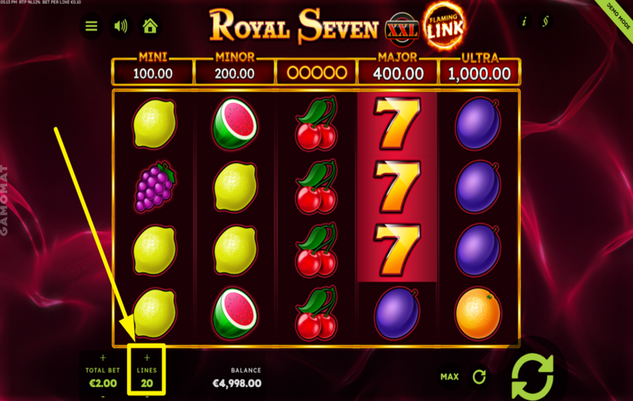 Royal Seven XXL Flaming Link DETERMINA TUS LÍNEAS DE PAGO ACTIVAS.