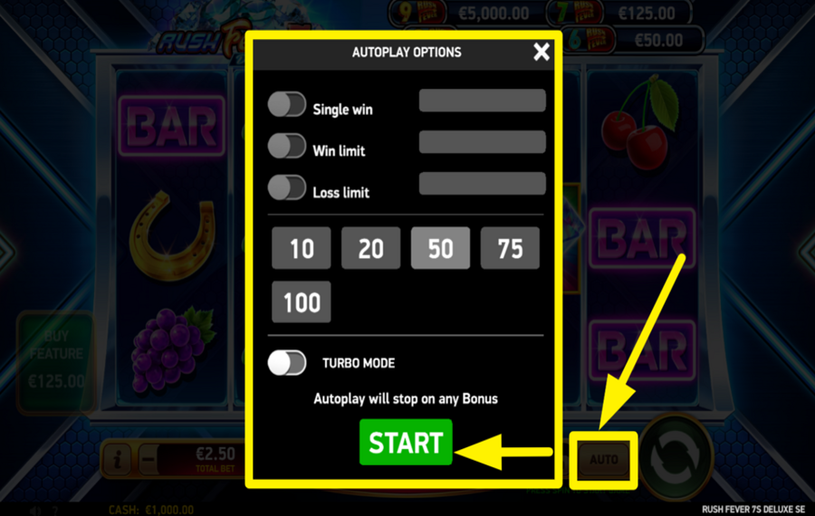 Rush Fever 7s Deluxe SE INITIATE AUTOMATIC PLAY.