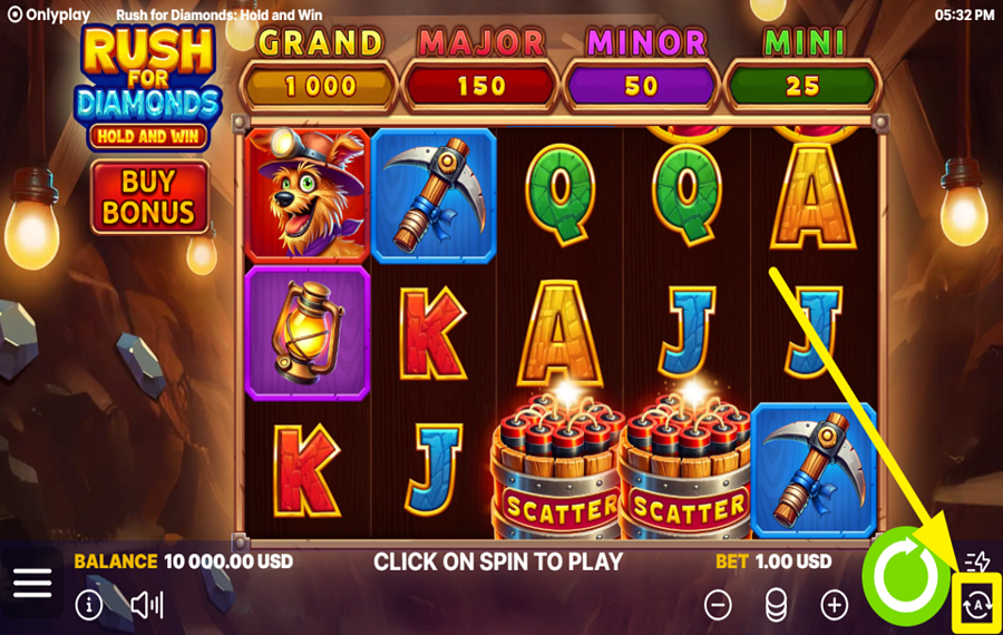 Rush For Diamonds Hold and Win INITIATE AUTOMATIC SPINS.