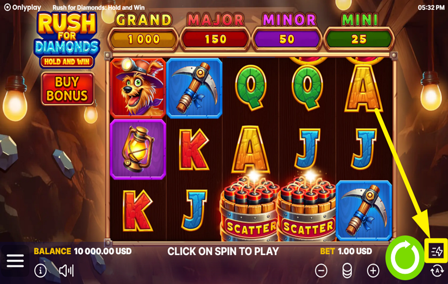 Rush For Diamonds Hold and Win MAXIMIZE THE SPEED.