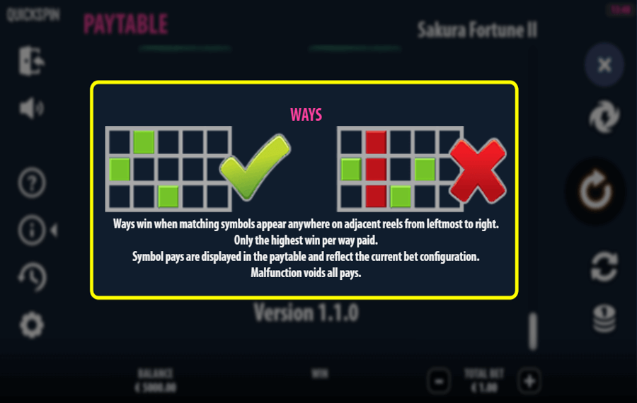 Sakura Fortune II Sélectionnez le nombre de lignes de paiement