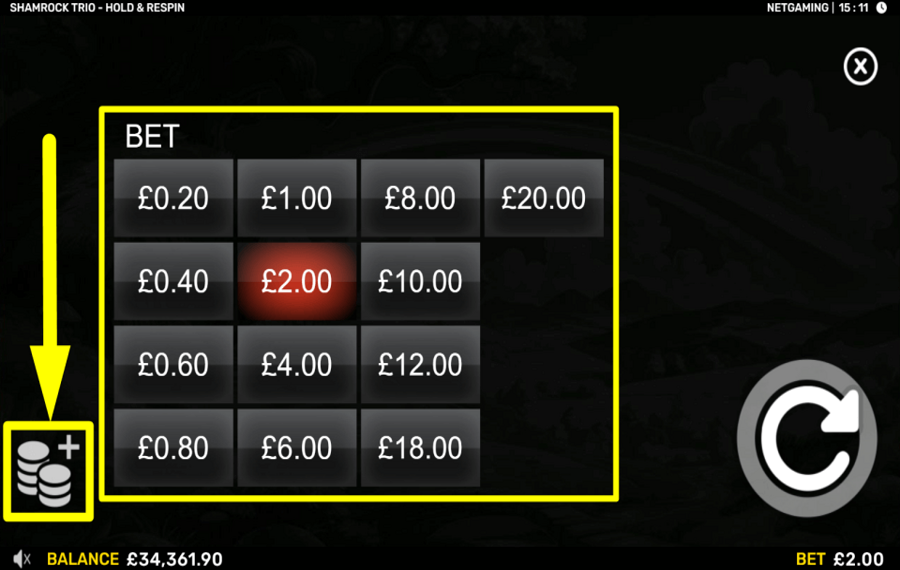 Shamrock Trio Hold and Respin SELECT THE BET.
