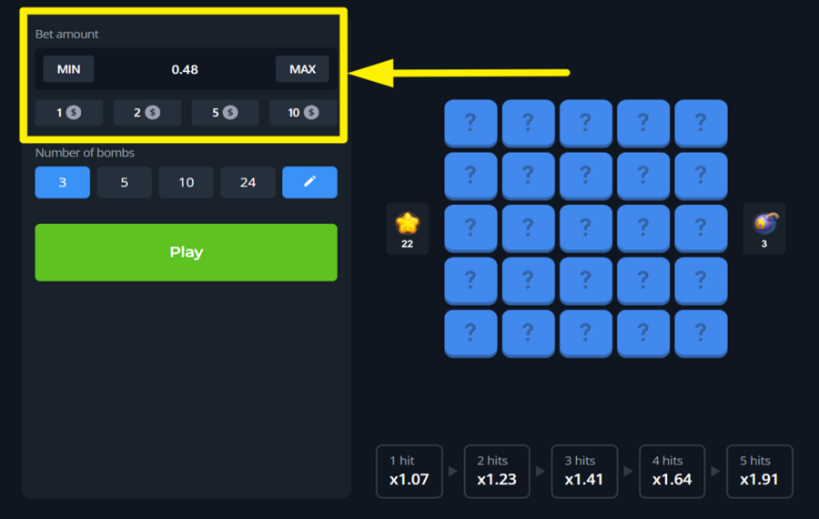 Simple Mines SCEGLI L'IMPORTO DELLA SCOMMESSA.