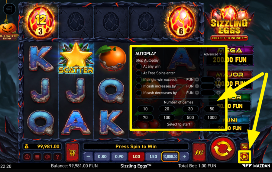 Sizzling Eggs Halloween Edition UTILIZZA GIRI AUTOMATICI.