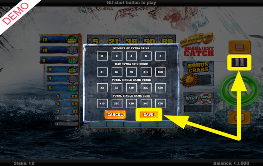 Slingo Deadliest Catch ADJUST EXTRA SPIN SETTINGS.