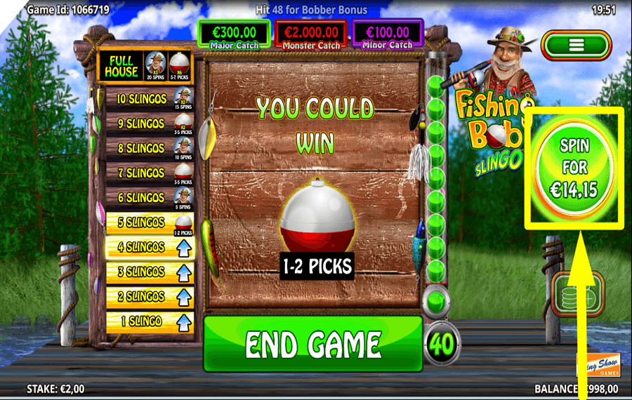 Slingo Fishing Bob ACQUIRE EXTRA SPINS.