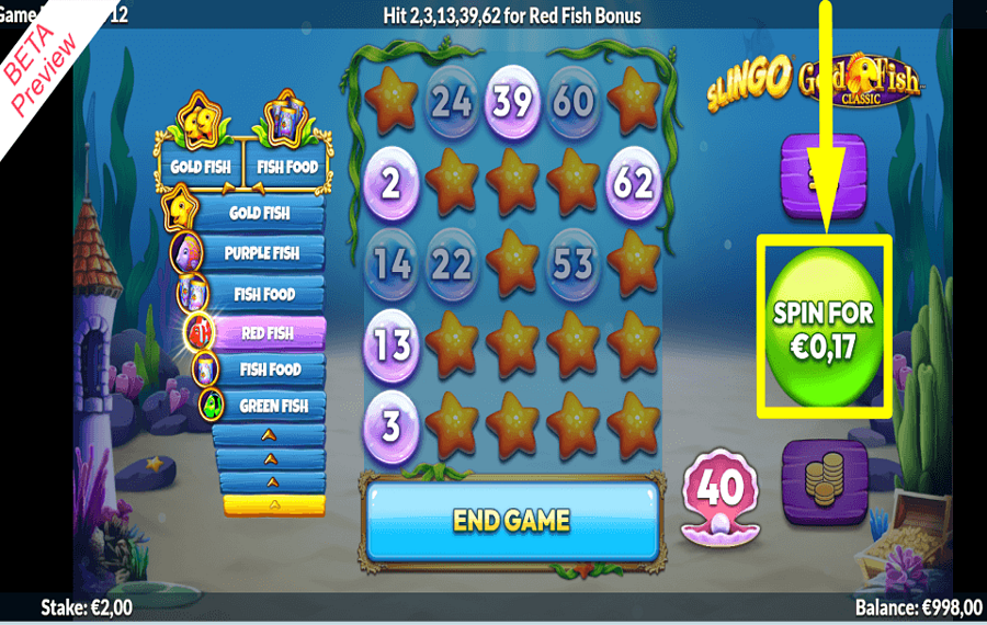 Slingo Gold Fish ACHETEZ DES TOURS SUPPLÉMENTAIRES.